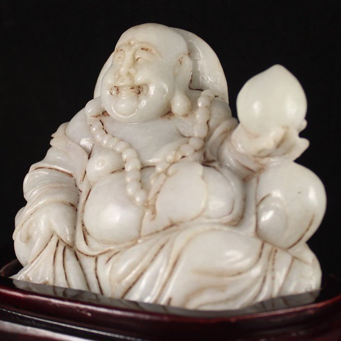 Antique Chinese Natural Jadeite Statue; Laughing Buddha.