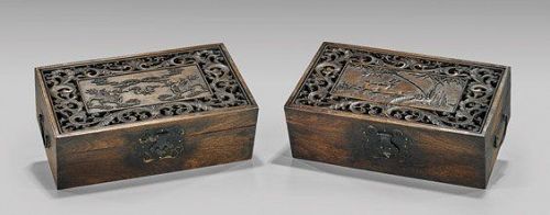 TWO CHINESE CARVED OPENWORK HARDWOOD BOXES