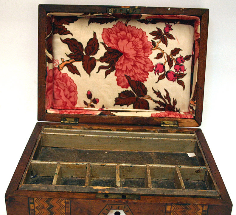 Antique Tunbridgeware inlaid box, sewing, work, jewelry