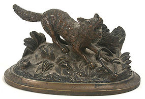 Continental figural bronze match safe - fox in a trap