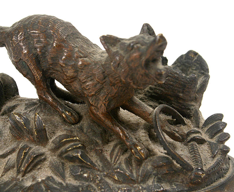 Continental figural bronze match safe - fox in a trap