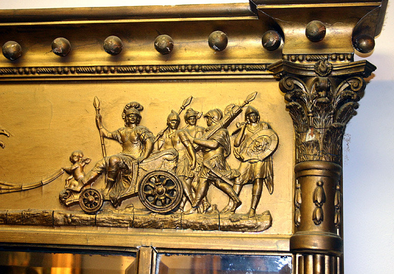 Antique classical gilt over mantel mirror with chariot