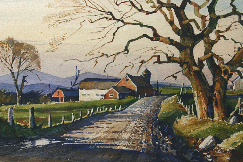 Ted Kautzky watercolor painting of Gnarled Oak and barn
