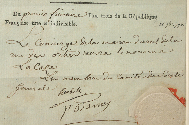 Paul Francois de Barras autographed document, 1794