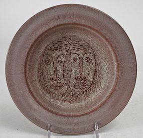 Edwin and Mary Scheier art pottery plate with two faces