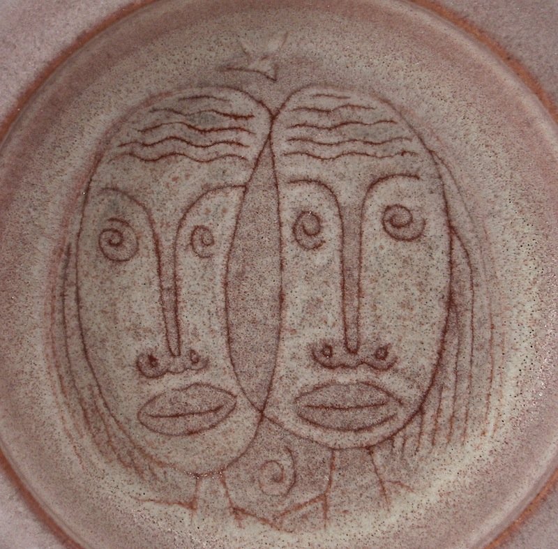 Edwin and Mary Scheier art pottery plate with two faces