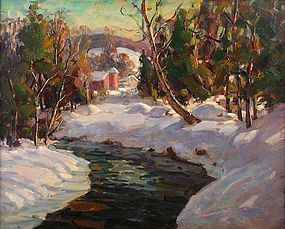 Thomas R. Curtin VT painting - Winter Stream and Farm