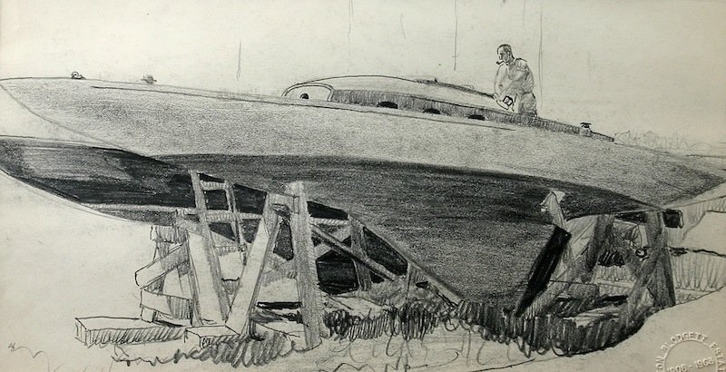 Walton Blodgett pencil drawing of a boat in dry dock
