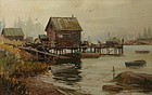 Bernard Corey painting - Misty Harbor, Repairing traps