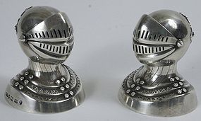 Sterling silver knight's helmet pepper pot shakers, Geo. Unite, 1881