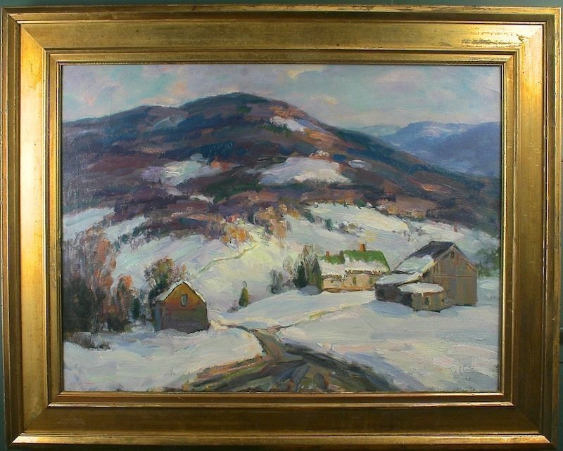 Thomas R. Curtin painting - Vermont winter farm in the mountains
