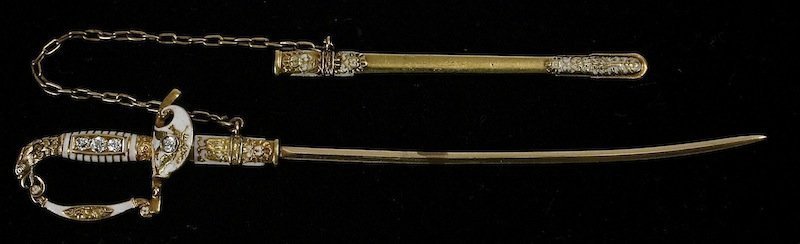 Gold, enamel and diamond eagle pommel jabot sword pin