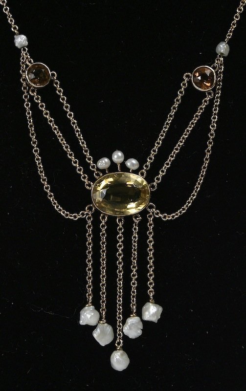 Antique Edwardian 14K gold, citrine and fresh water pearls necklace