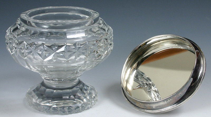 English cut glass crystal pedestal dresser jar, sterling silver cover