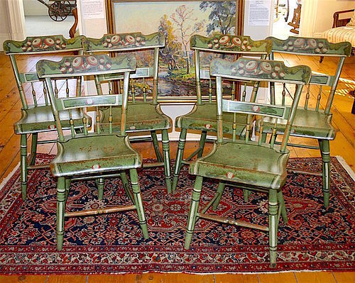 Six antique Hitchcock style floral painted dining room chairs, c.1840
