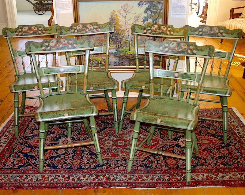 Six antique Hitchcock style floral painted dining room chairs, c.1840