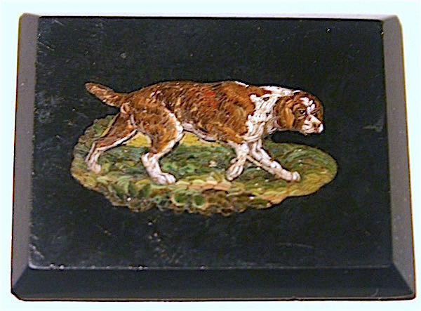 Antique Italian inlaid micro mosaic spaniel dog plaque