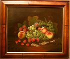 Continental still life painting of fruit with bird, 18th century