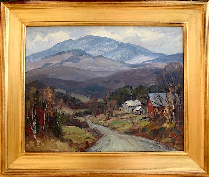 Thomas R. Curtin landscape painting - Mt. Mansfield and farm in autumn