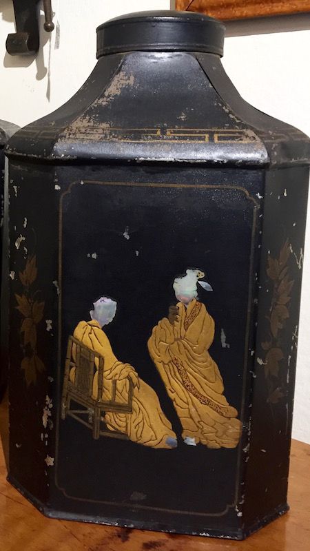 Two Antique English Japanned and inlaid tin tea canisters