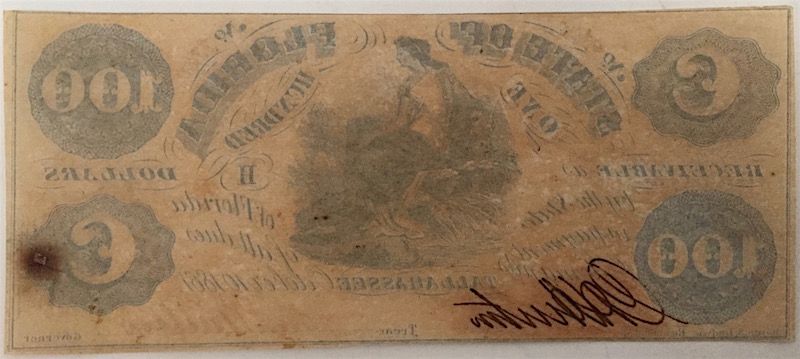 1861 State of Florida $100 Currency Note, First issue
