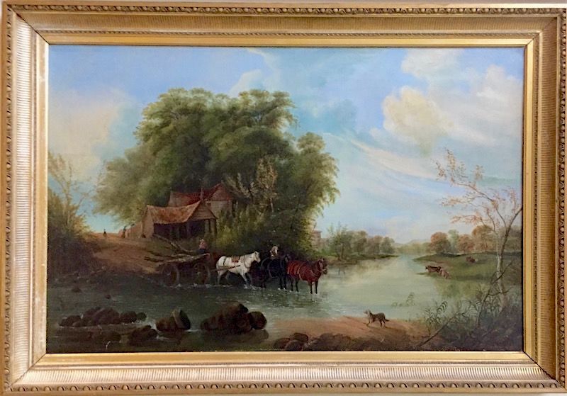 19th century landscape painting of horses fording a river