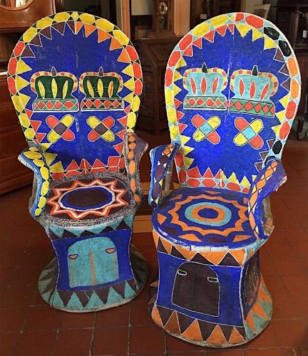 Pair of vintage African beaded throne arm chairs - Yoruba tribe