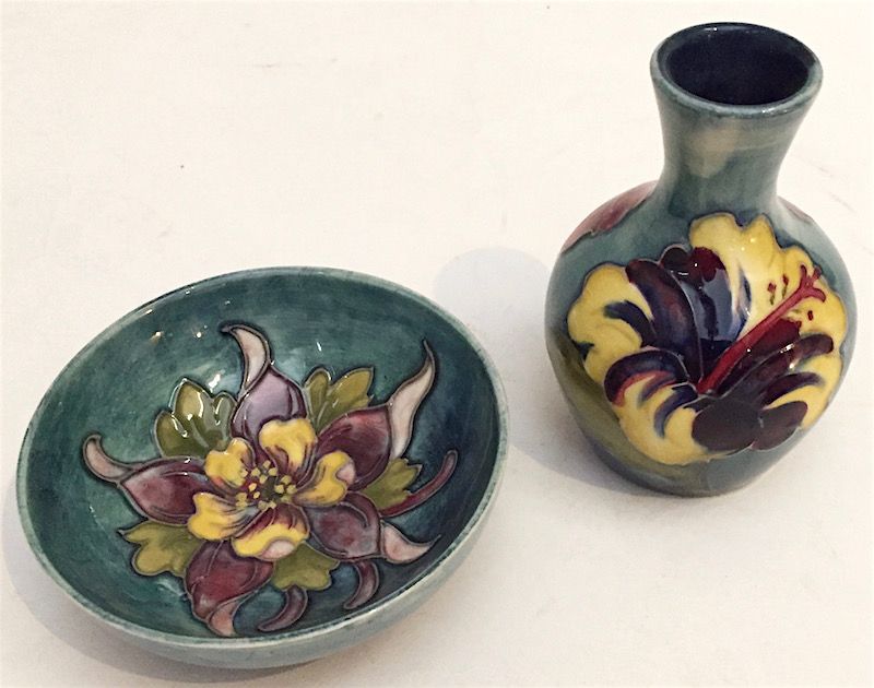Wm. Moorcroft pottery cabinet hibiscus vase and clematis dish