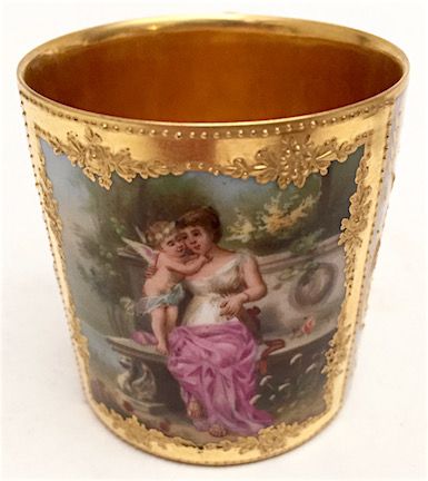 Royal Vienna style German porcelain cabinet cup, goddess and cherub