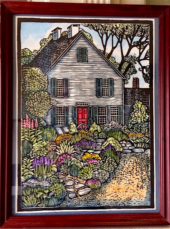 Mary Azarian signed colored wood block - Cottage and Herb Garden