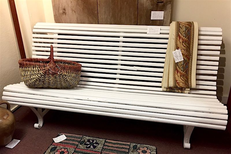 Vintage curved wood slat garden bench