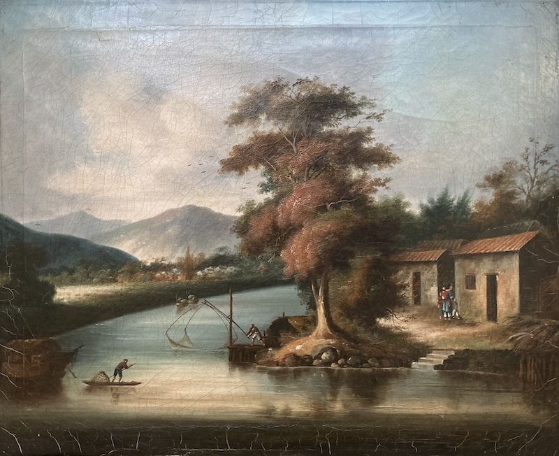 China Trade painting with fishermen on a river