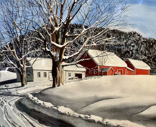 Walton Blodgett watercolor painting - Farm in Winter, VT