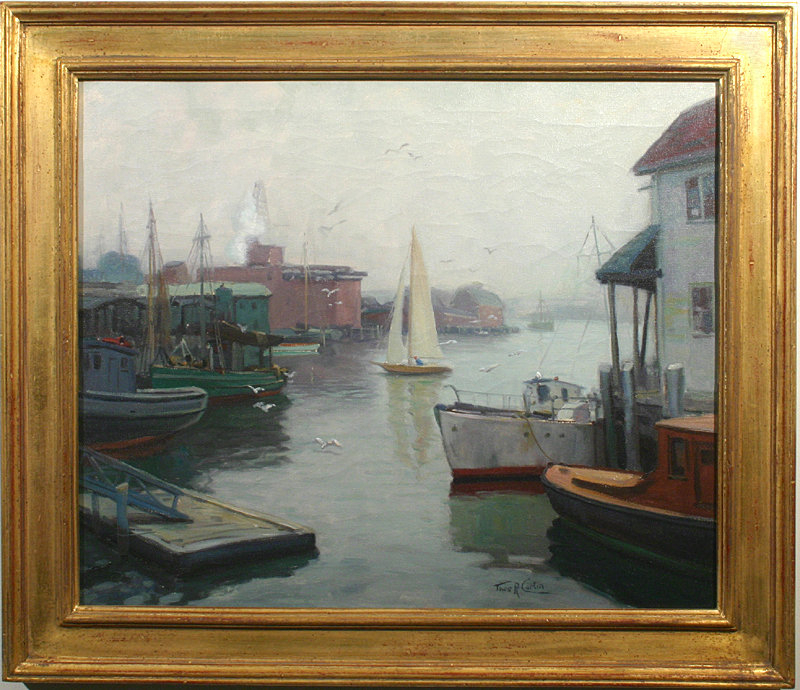 Thomas R. Curtin misty harbor painting, Gloucester, MA