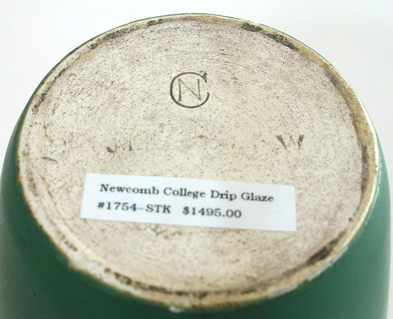 Newcomb College vase with matt green drip glaze