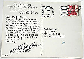 Ansel Adams autograph on post card re Albert Bierstadt