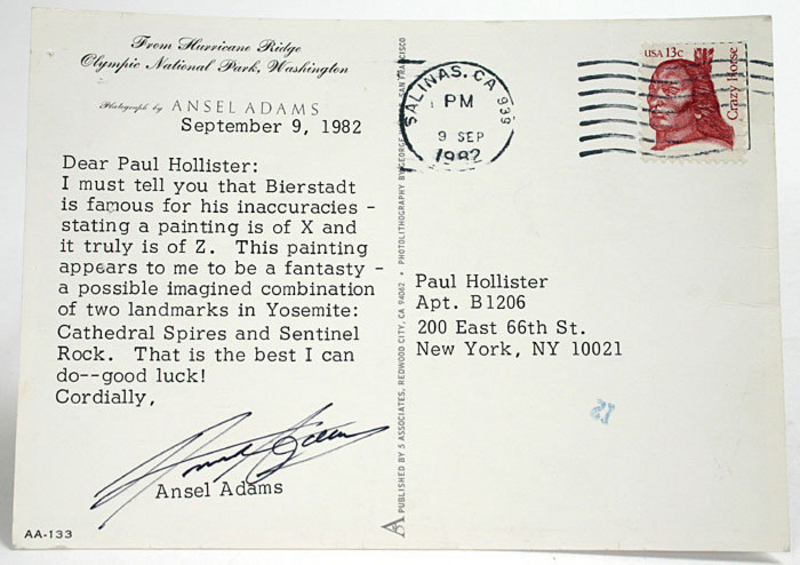 Ansel Adams autograph on post card re Albert Bierstadt