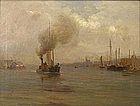 Walter Dean marine painting of harbor with steam ship