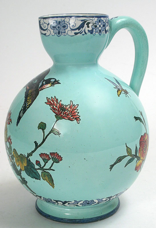French Gien pottery faience jug, turquoise, bird design