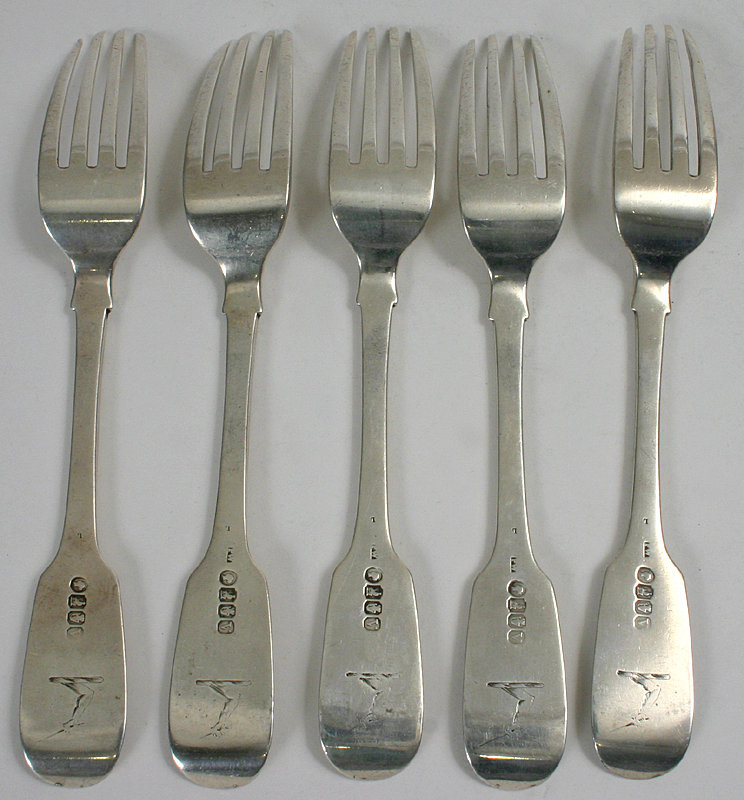 Irish silver forks, sterling, Dublin, set of 5, 1842