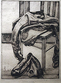 Luigi Lucioni still life etching with sneakers & shirt