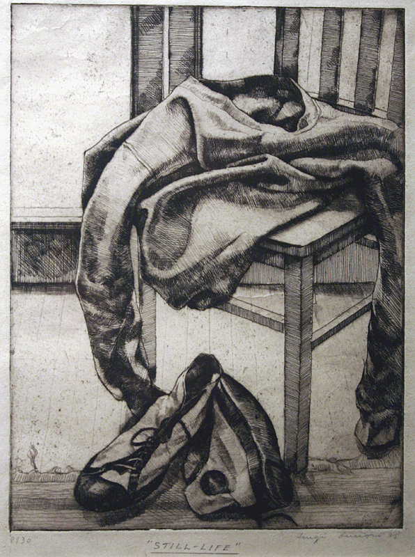 Luigi Lucioni still life etching with sneakers &amp; shirt