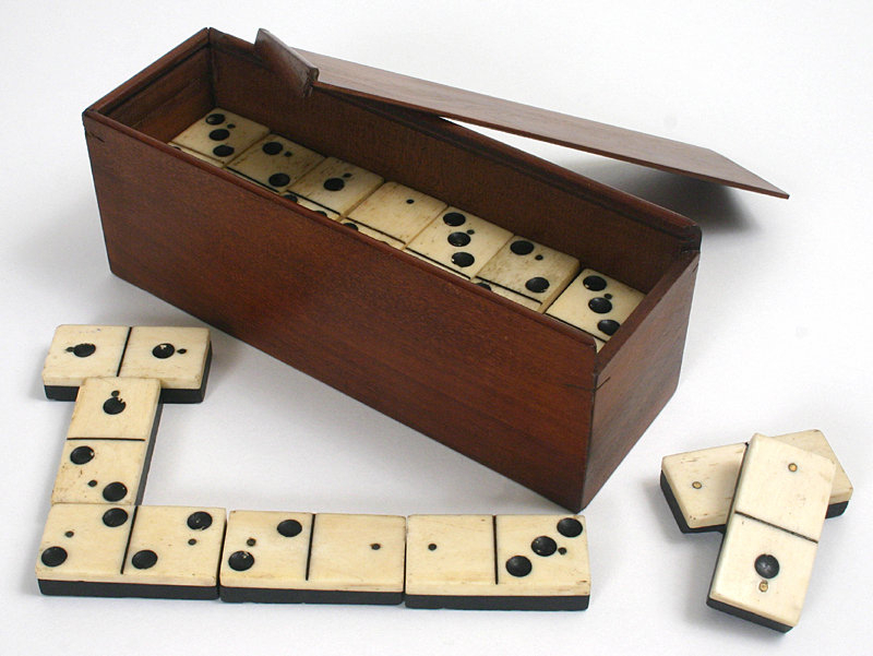 Antique Civil War era bone, ebony dominoes game in box
