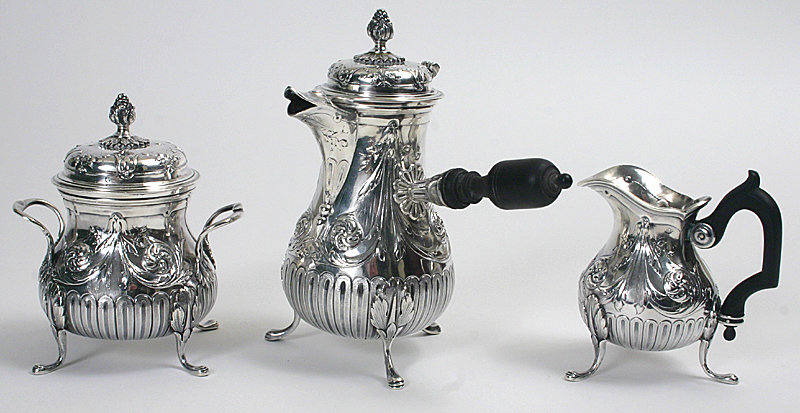 French three piece sterling silver coffee set