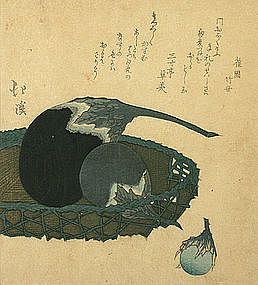 Totoya Hokkei surimono woodblock print, eggplants