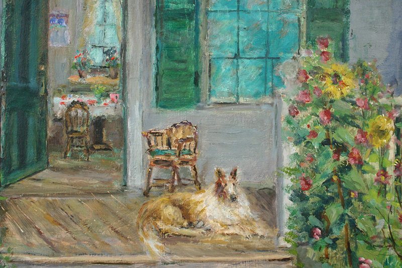 Arthur B. Wilder painting - Collie dog on porch, VT