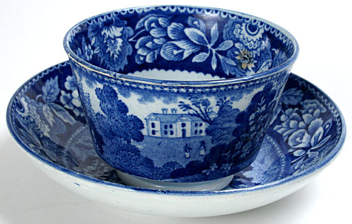 Historical Staffordshire tea cup, dark blue transfer