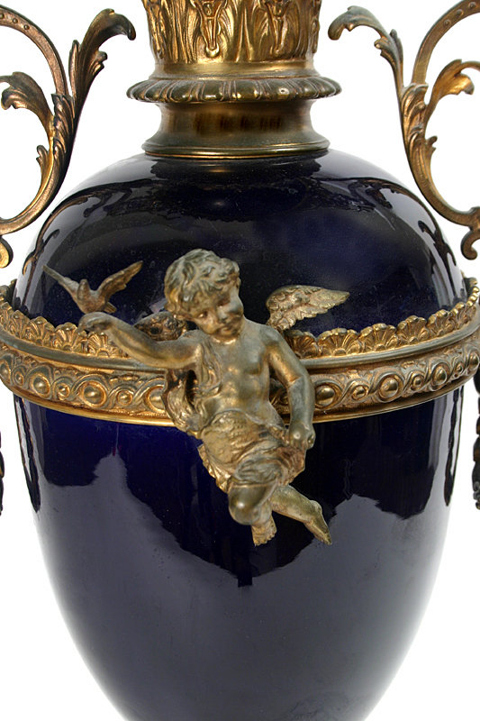 Sevres porcelain urn with ormolu mounts, French, cobalt