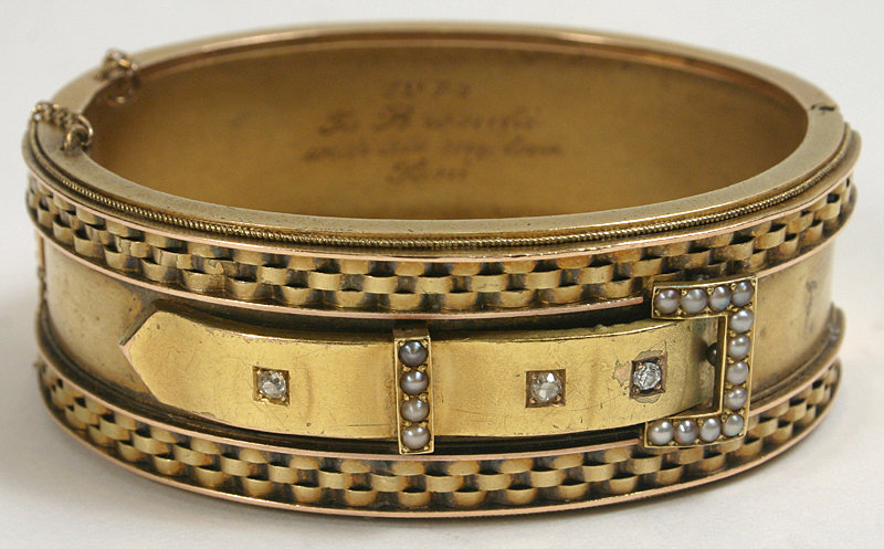 Victorian Etruscan gold bangle bracelet, 14kt, diamonds