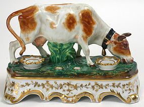 Figural cow porcelain inkstand, pseudo Sevres mark